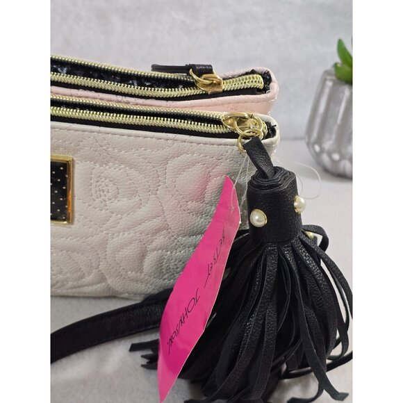 Betsey Johnson Women's Blush Bone Double Zip Bag Tasseled‎ Quilted Floral NEW - Picture 4 of 10